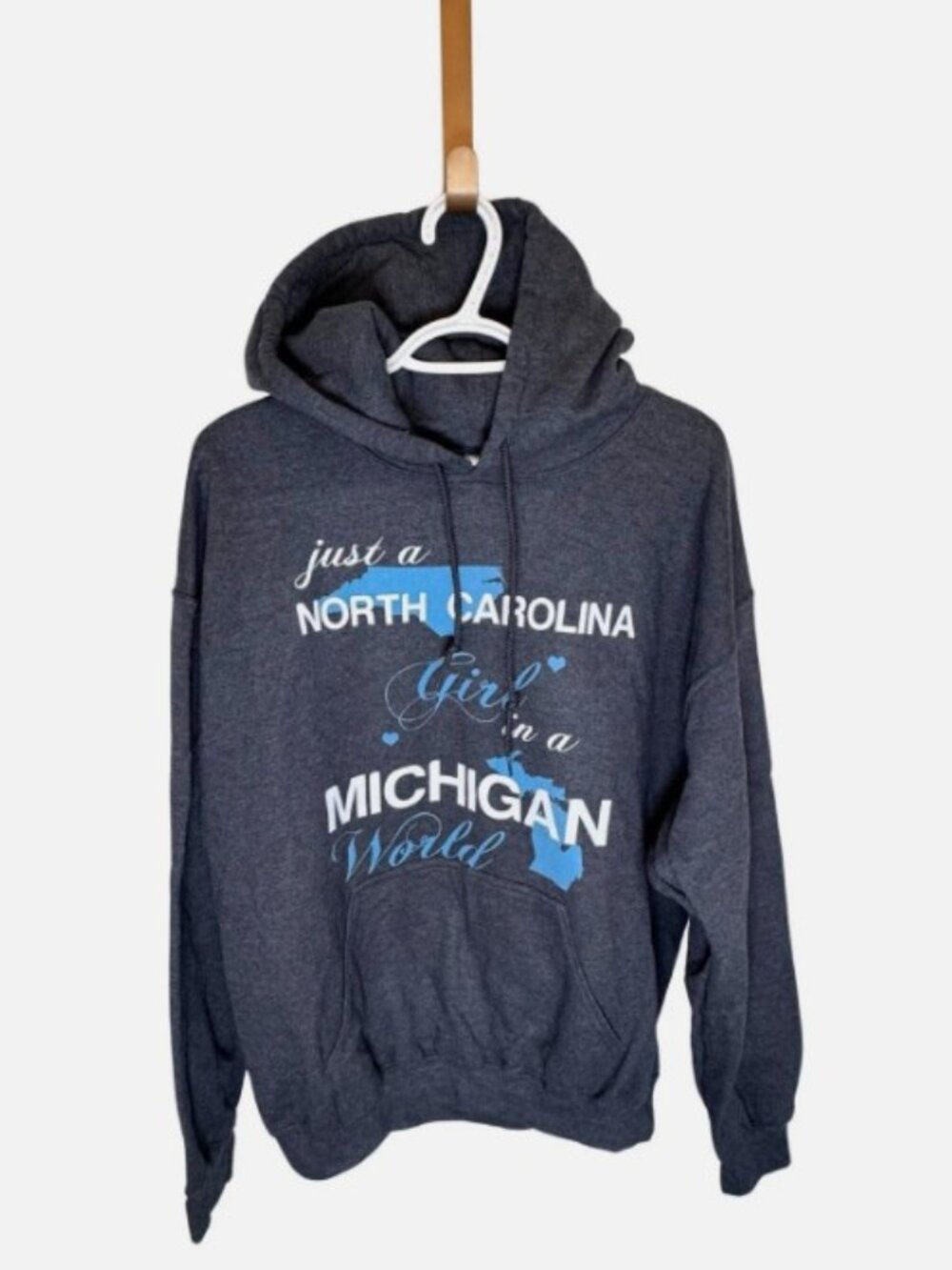 North Carolina Girl In A Michigan World Gray Hoodie Size L